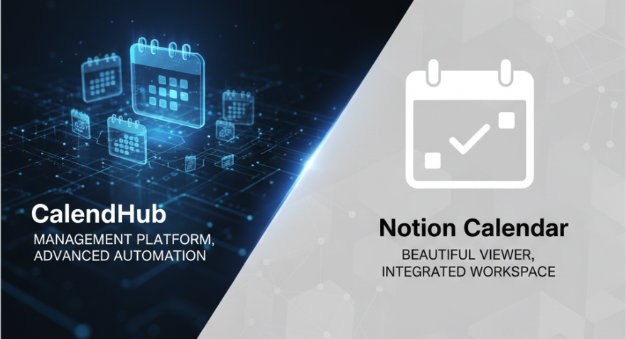 CalendHub vs Notion Calendar comparison showing management platform versus beautiful viewer with integrated workspace